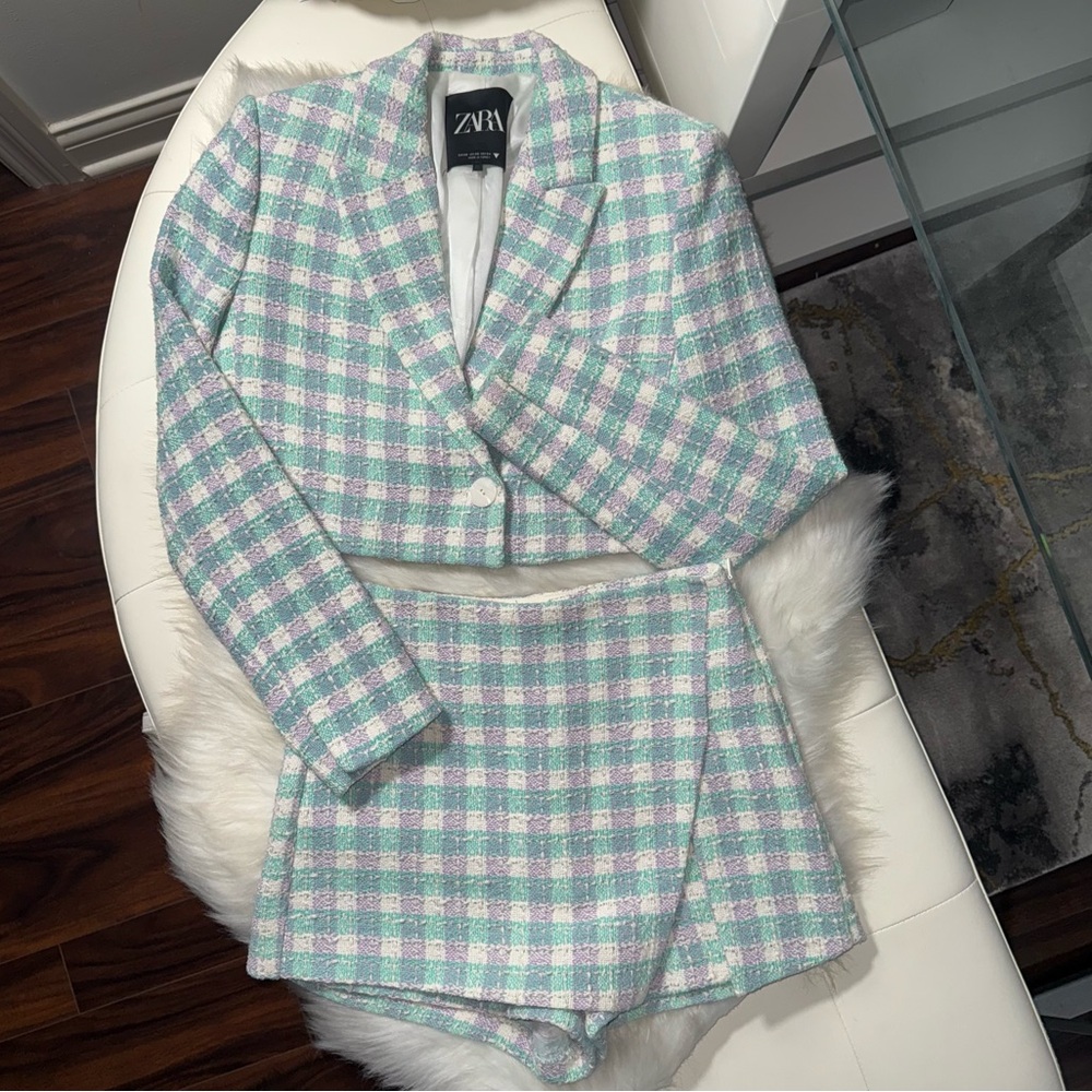 Zara Pastel Plaid Cropped Blazer and Skort Set - Picture 3 of 17